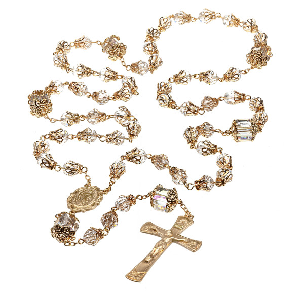 Vintage Inspired Crystal Glass Rosary with Solid Brass Crucifix and Center - Crystal