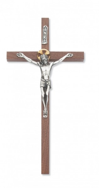 10 Inch Walnut Wall Crucifix Slimline Design - Silver