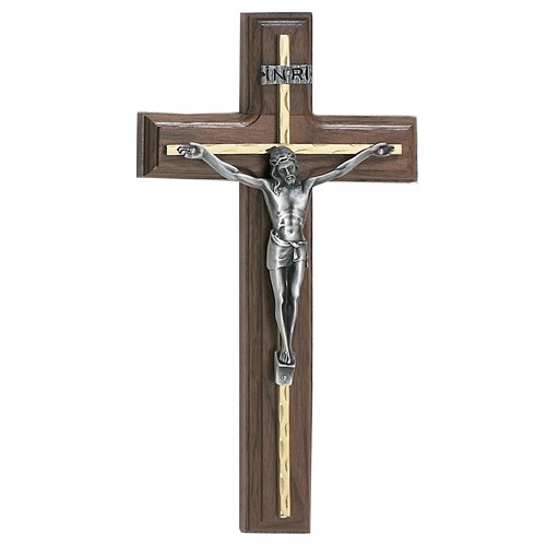 Walnut Crucifix Silver Overlay, 10 Inch - Brown