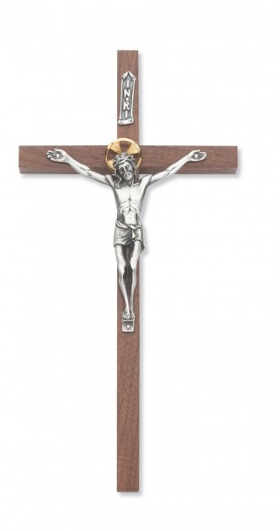 Walnut Wall Crucifix with Gold-tone Halo 8 inch - Silver