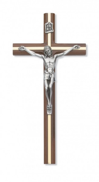 Slimline Walnut Wall Crucifix with Gold-Tone Inlay 10 inch Beveled - Silver