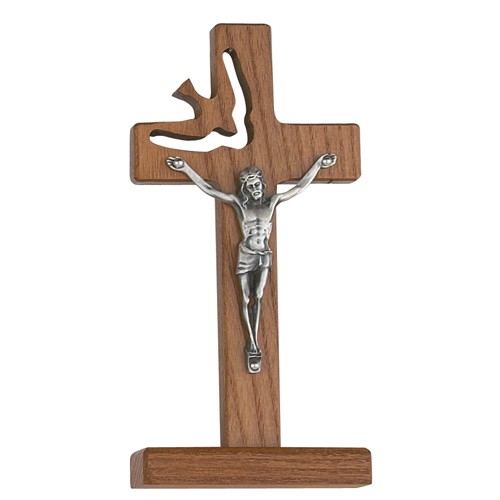 Walnut Stained Standing Holy Spirit Crucifix 6 Inch - Light Brown