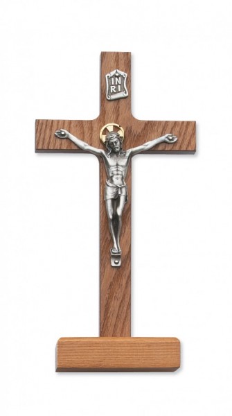 Walnut Wood Standing Crucifix with Two Tone Corpus - 8&quot;H - Light Brown