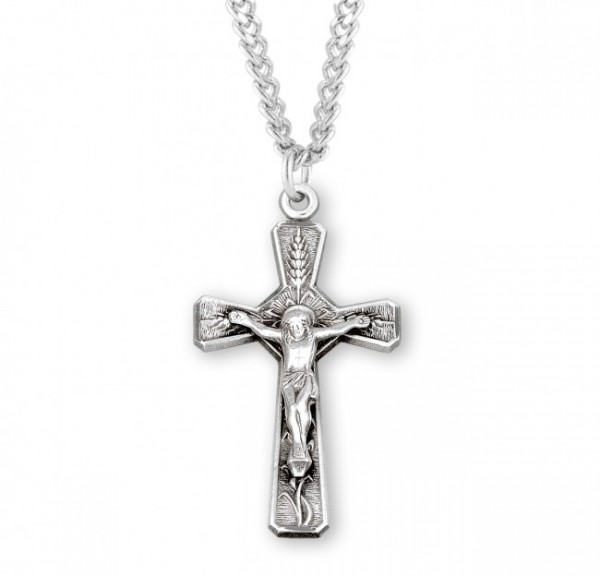 Wheat and Lily Men's Crucifix Necklace - Sterling Silver