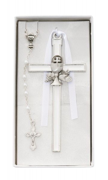 White Enamel First Communion Wall Cross and Rosary Set - White