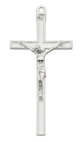 White Enamel and Silver Tone Wall Crucifix 5 Inches - White