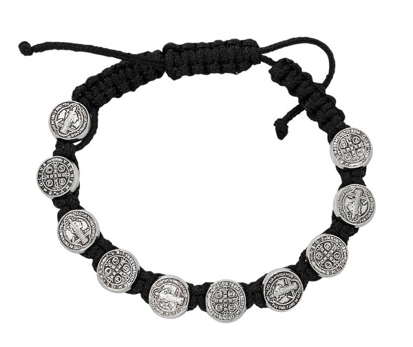 Women's Adjustable Black Corded St. Benedict Bracelet - Black | Silver