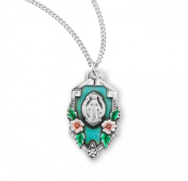 Women's Blue Enamel Floral Accent Miraculous Medal - Sterling Silver