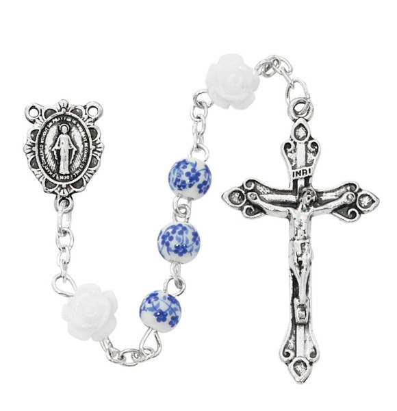 Women's Blue and White Ceramic Rosary - Blue
