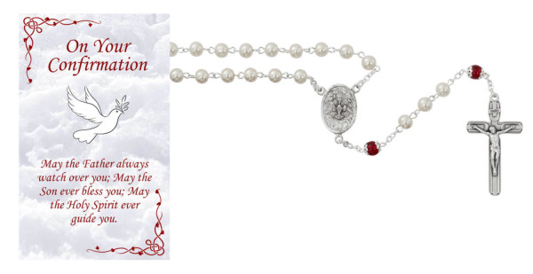 Womens Confirmation Rosary with Prayer Card Set - Red