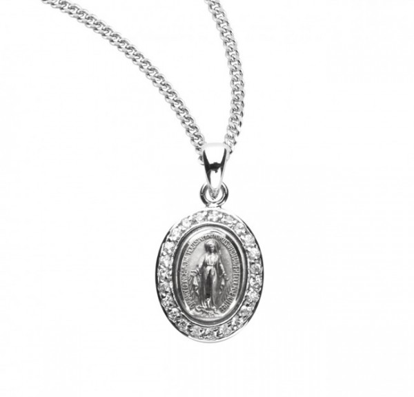 Women's Cubic Zirconia Studded Oval Miraculous Medal - Sterling Silver