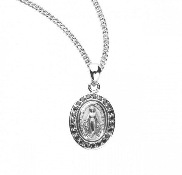 Women's Cubic Zirconia Studded Oval Miraculous Medal - Silver | Black