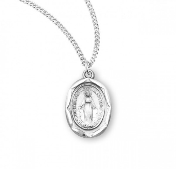 Women's Dainty Oval Etched Border Miraculous Medal - Sterling Silver