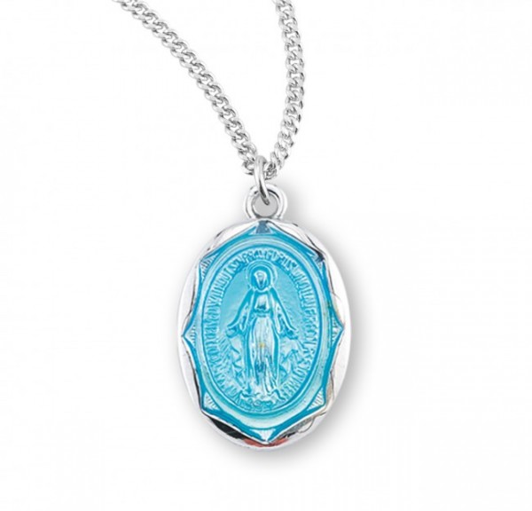 Women's Dainty Oval Etched Border Miraculous Medal - Silver | Blue