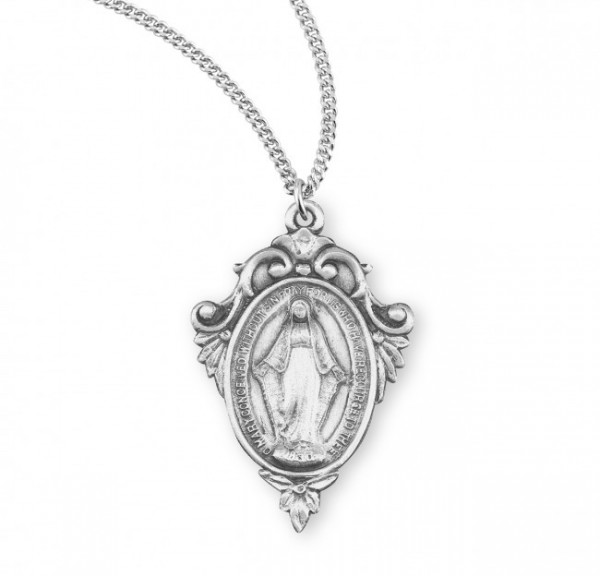 Women's Fancy Floral Border Miraculous Medal - Sterling Silver