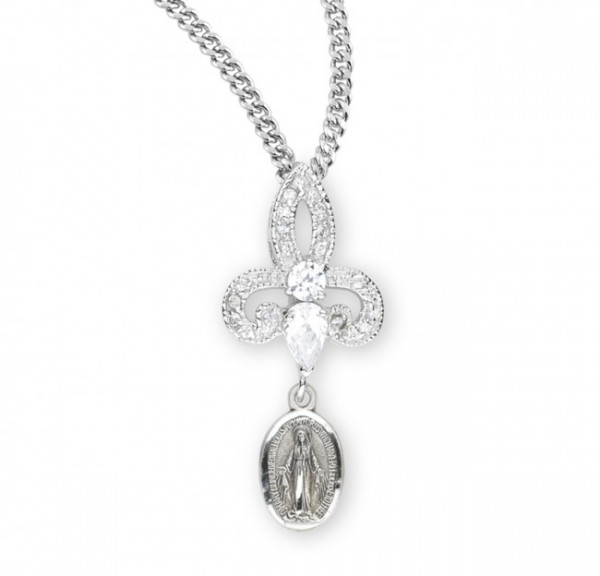 Women's Fleur De Lis Necklace with Dangling Miraculous Medal - Sterling Silver