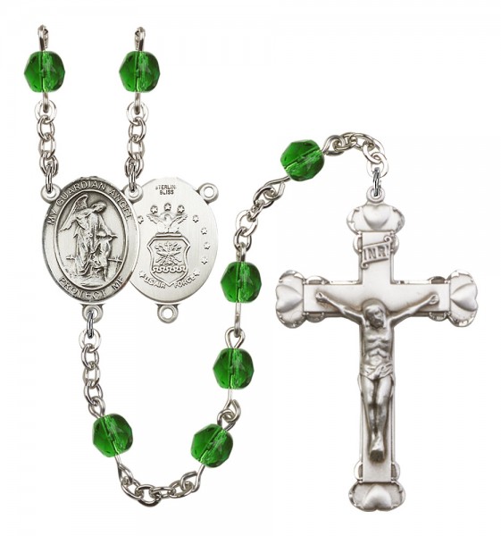 Women's Guardian Angel Air Force Birthstone Rosary - Emerald Green