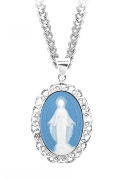 Women's Large Miraculous Medal Cameo Necklace - Blue | Silver