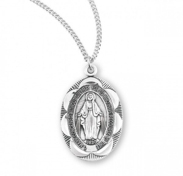 Women's Lined Scalloped Border Miraculous Medal - Sterling Silver