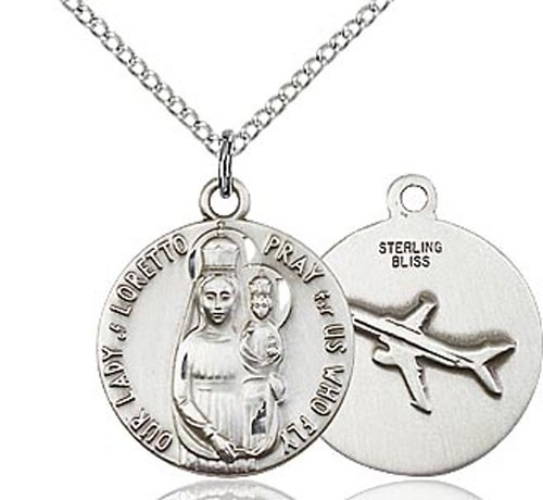 Women's Our Lady of Loretto Pray For Us Who Fly Medal - Sterling Silver