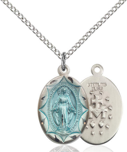 Women's Petite Miraculous Medal with Blue Enamel Necklace - Silver | Blue