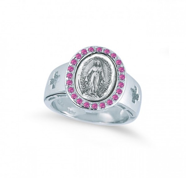 Women's Pink Crystal Miraculous Medal Ring Sterling Silver - Silver | Pink