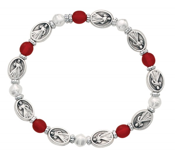 Women's Red and White Bead Stretch Bracelet with Divine Mercy Medals - Red