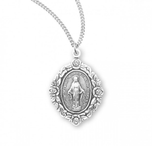 Women's Rose Border Miraculous Medal - Sterling Silver