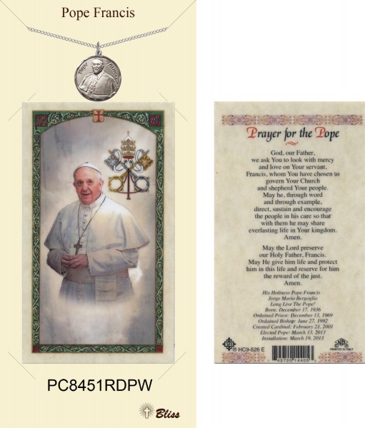 Women's Round Pope Francis Pewter Pendant w. Prayer Card - Pewter