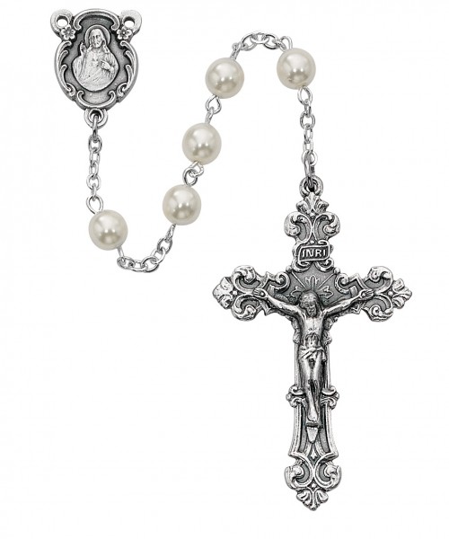Women's Sacred Heart Pearlized Rosary - Pearl White