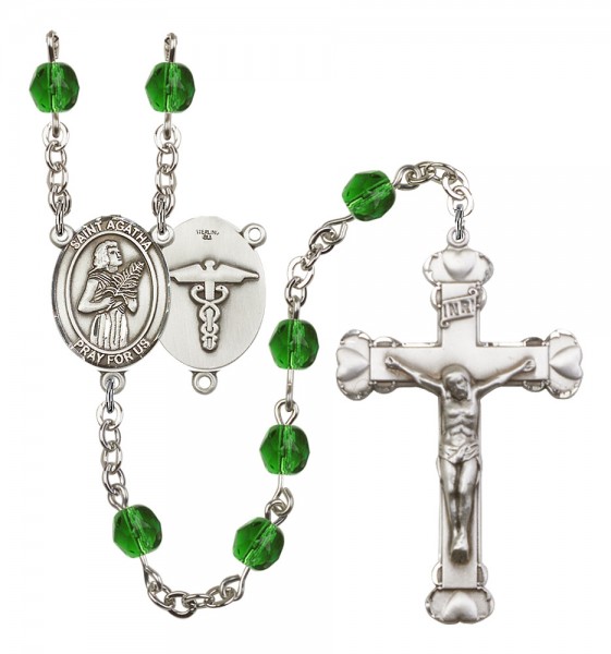 Women's St. Agatha Nurse Birthstone Rosary - Emerald Green