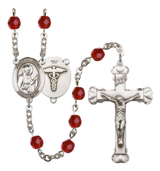 Women's St. Camillus of Lellis Nurse Birthstone Rosary - Ruby Red