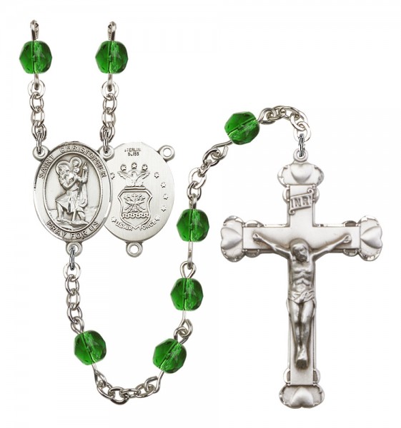 Women's St. Christopher Air Force Birthstone Rosary - Emerald Green