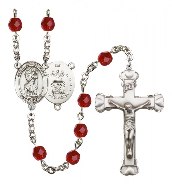 Women's St. Christopher Air Force Birthstone Rosary - Ruby Red