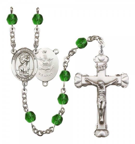 Women's St. Christopher Army Birthstone Rosary - Emerald Green
