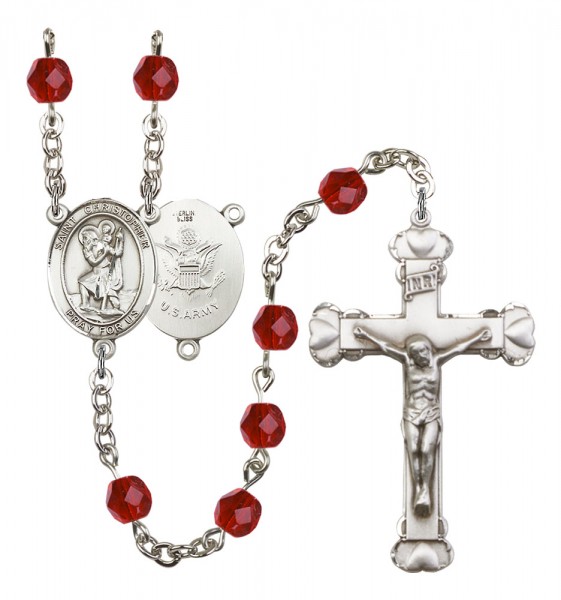 Women's St. Christopher Army Birthstone Rosary - Ruby Red