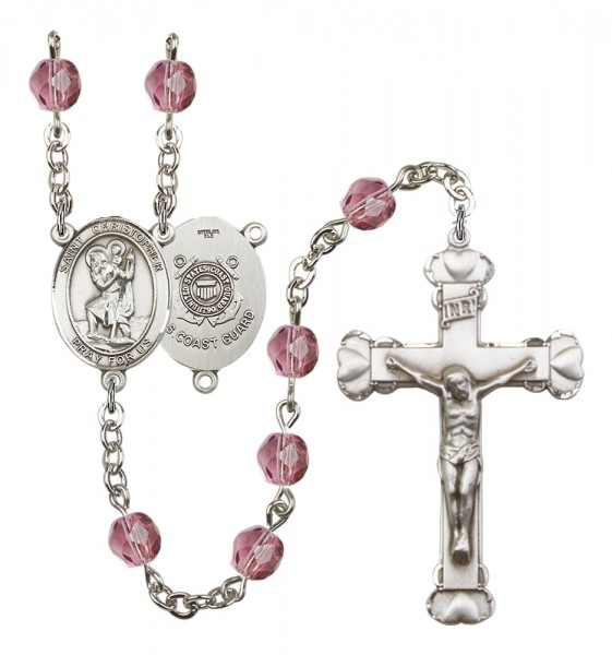 Women's St. Christopher Coast Guard Birthstone Rosary - Amethyst
