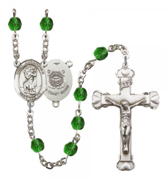 Women's St. Christopher Coast Guard Birthstone Rosary - Emerald Green