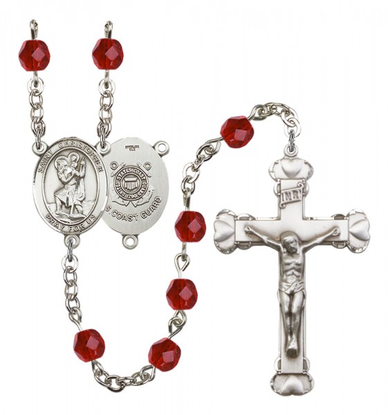 Women's St. Christopher Coast Guard Birthstone Rosary - Ruby Red