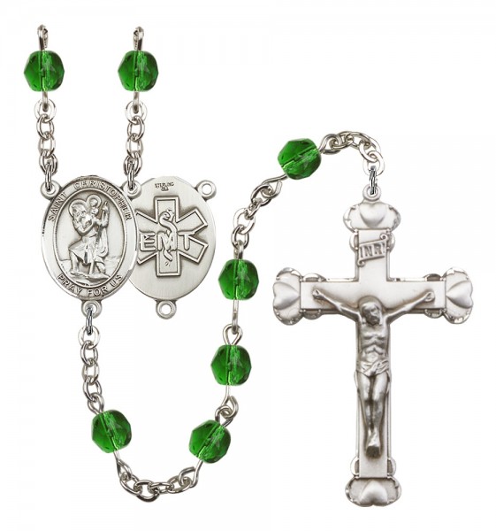 Women's St. Christopher EMT Birthstone Rosary - Emerald Green