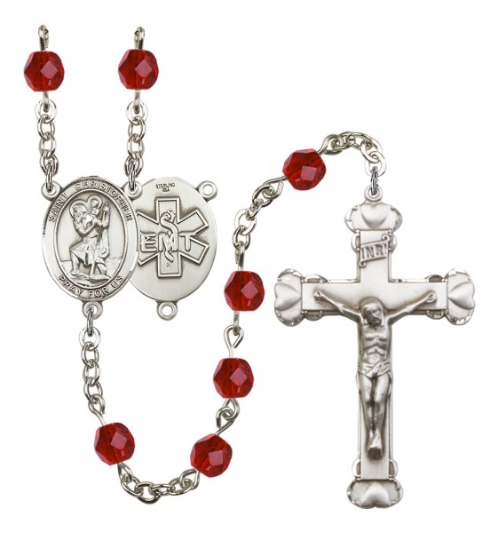 Women's St. Christopher EMT Birthstone Rosary - Ruby Red