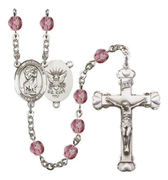 Women's St. Christopher Navy Birthstone Rosary - Amethyst
