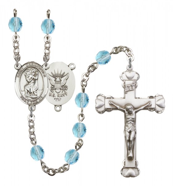 Women's St. Christopher Navy Birthstone Rosary - Aqua