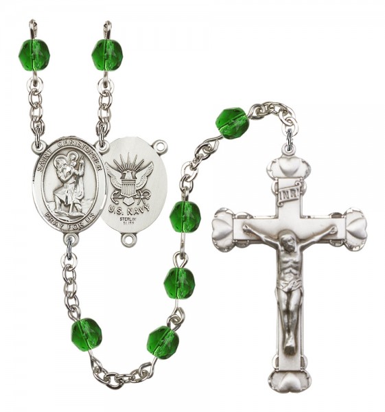 Women's St. Christopher Navy Birthstone Rosary - Emerald Green