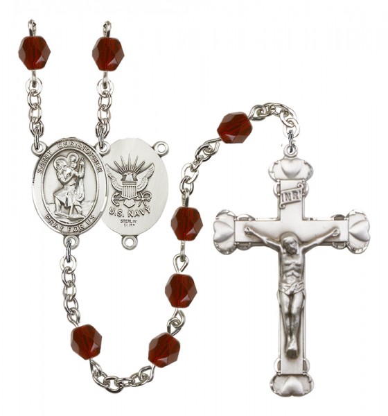 Women's St. Christopher Navy Birthstone Rosary - Garnet