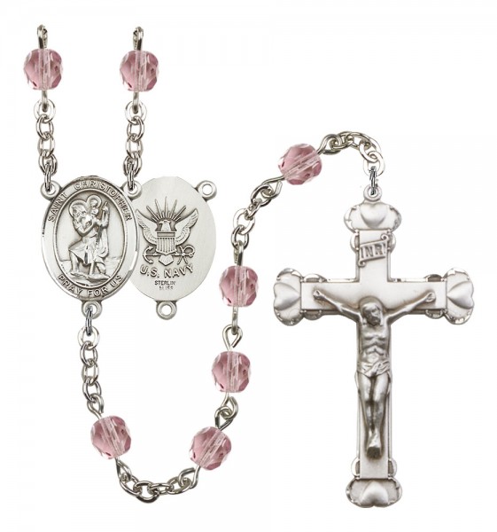 Women's St. Christopher Navy Birthstone Rosary - Light Amethyst