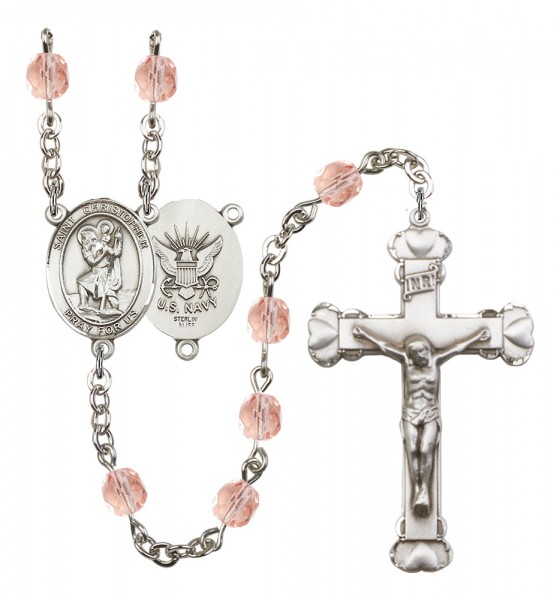 Women's St. Christopher Navy Birthstone Rosary - Pink