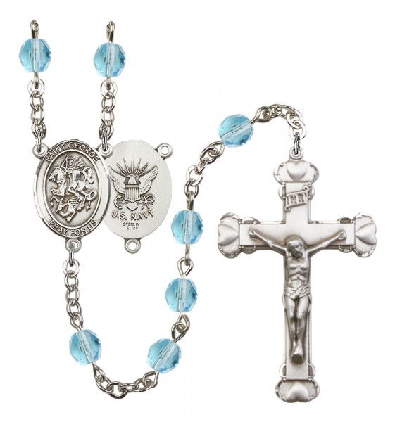 Women's St. George Navy Birthstone Rosary - Aqua