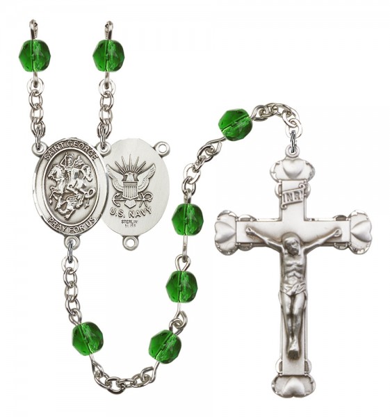 Women's St. George Navy Birthstone Rosary - Emerald Green