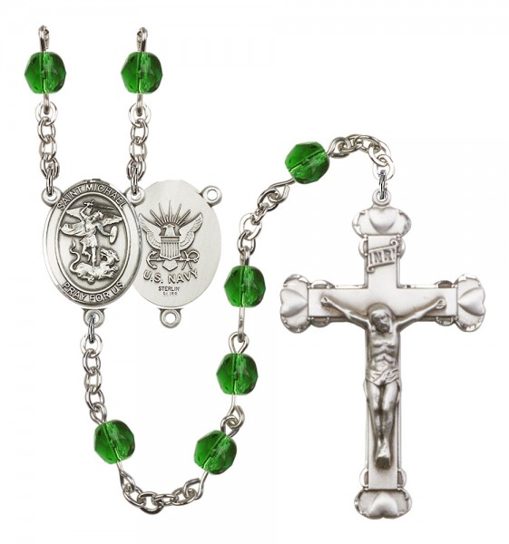 Women's St. Michael Navy Birthstone Rosary - Emerald Green